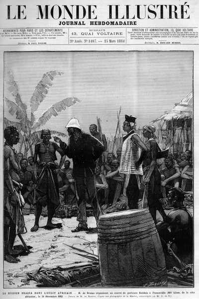 Brazzamissionen i Västafrika: Pietro Paolo Savorgnan di Brazza eller Pierre Paul Francois Camille Savorgnan de Brazza (1852-1905) organiserade en konvoj av Batekes-bärare till Franceville (Gabon) den 14 december av Unknown artist