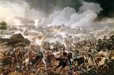 Den brittiska armén under befäl av hertigen av Wellington (1769 - 1852) vann slaget vid Waterloo mot Napoleon I:s franska trupper den 18/06/1815. Gravyr av perioden. av Unknown artist