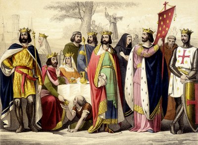 Kapeterna från 987 till 1137. Hugues Capet, Robert 1er Constance, Philippe 1er, Louis VI och Louis VII. Gravyr av 1800-talet. av Unknown artist