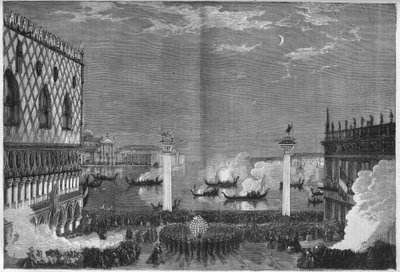 Karnevalen i Venedig: den feta söndagens kväll på piazzettan. Gravyr i "" The Illustrious Universe"" av Unknown artist