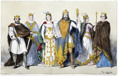 Karolingerna: Briefen Pepin (715-768) och Bertrade av Laon (720-783), Karl I. Karl den Store (742-814) och Hildegarde av Vintzgau (758-783), Ludvig I. Pieux eller Debonnaire (778) -840) och Ermengarde av Hesbaye (ca. av Unknown artist