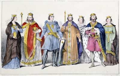 Karolinerna: Richarde (845-efter 887) och Charles III Le Gros (839-888), Arnulf av Kärnten (ca 850-899), Ludvig IV av Outremer (920-954) och Gerberge av Germania (913-984) , Lothaire IV (941-986) och Emma av Italien (948-1006) - Tallrik från Kings and Fr av Unknown artist