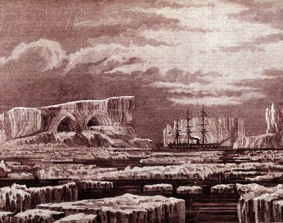 Challengerbåten mitt bland isbergen. av Unknown artist