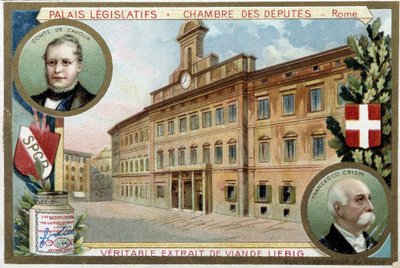 Deputeradekammaren i Rom (Italien), med porträtt av greve Camillo Benso de Cavour (1810-1861) och Francesco Crispi (1819-1901) - Liebig-kromolitografi av Unknown artist