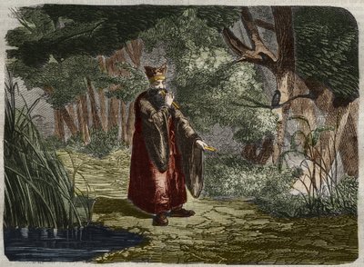 Den kinesiska Ling Mon (Ling-lun) (Lihng-lewn) upptäcker stämningen genom att blåsa i stammen på en bambu. 2600-talet f.Kr. Gravyr från 1859 i "" Le Musee Des Sciences"" av Unknown artist
