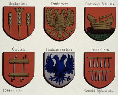 Gents vapensköldar (exempel på medeltidens vapensköldar): bagare, färgare, båtbyggare, kordier, blåfärgare, ljuskronor av Unknown artist