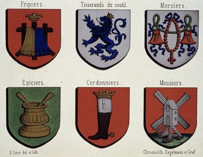 Gents vapensköldar (exemplar av medeltidens vapensköldar): Friebriers, Cusserands, Merciers, Grocer, Shoemakers, Meuniers av Unknown artist