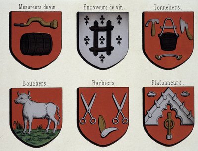 Gents vapensköldar (exemplar av medeltidens vapensköldar): vinmätare, vingrottare, kukare, slaktare, barberare, tak av Unknown artist
