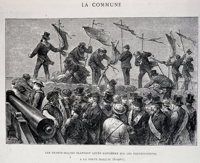 Kommunen: Frimurare planterar sina fanor på befästningarna vid Porte Maillot (1871) - gravyr av Unknown artist