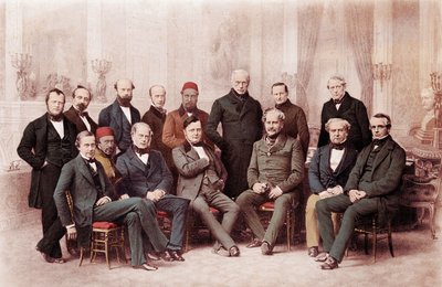 Pariskongressen var en fredskonferens som hölls i Paris, Frankrike, 1856, mellan representanter för stormakterna i Europa för att sluta fred efter det nästan tre år långa Krimkriget - Krimkriget (1853-1856): legater som representerade enskilda makter kl. av Unknown artist