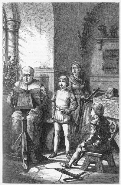 Constance Eveque läser den tyska historien i Conrad, känd som Conradin de Hohenstaufen (1252-1268) och Fredrik I av Baden-Baden ((Friedrich I von Baden-Baden) av Unknown artist