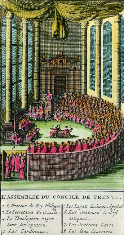 Konciliet i Trent. Illustration med beskrivning av medlemmarna närvarande vid sammankomsten. Konciliet i Trent sammankallades av påven Paul III (representant för den romersk-katolska kyrkan) 1545, som svar på önskemål från Martin Luther i f. av Unknown artist