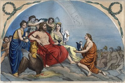 The Council of the Gods (eller Assembly of the Gods): Zeus på Olympus omger gudomliga - Olympus gravyr från "" Seder av alla folk i universum. Det är historien om regeringen, lagarna, milisen, alla nationers religion d av Unknown artist