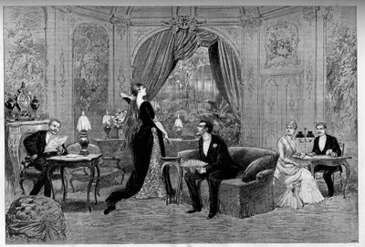 Greven av Riverolles, Francine, Stanislas de Grandredon, Therese Smith och Henri de Simeux, karaktärer i pjäsen "" Francillon", komedi av Alexandre Dumas (1824-1895) spelad på Comedie-Francaise (1887) i Paris. Gravyr i "" Le monde illustriou av Unknown artist