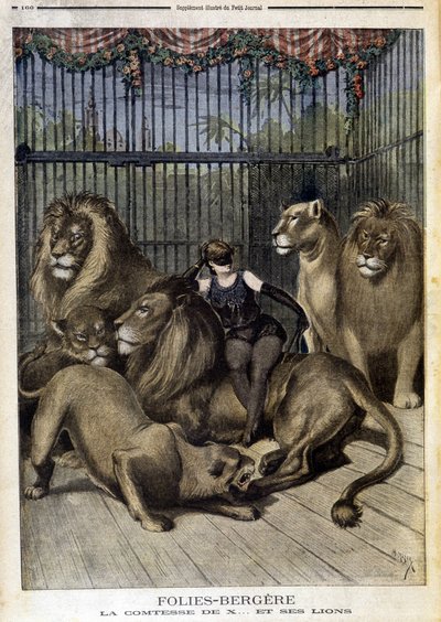 Grevinnan av X... och hennes lejon på showen på Folies Bergères i Paris. I Le petit Journal, den 19/05/1895. av Unknown artist
