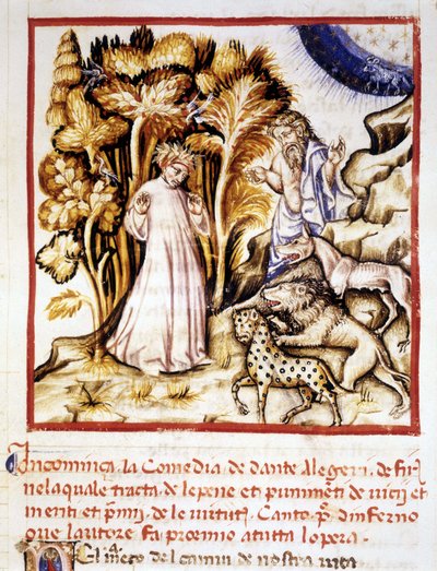 Den gudomliga komedin av Dante Alighieri. Miniatyr föreställande Dante, Vergilius och de tre bestarna. 1300-talsmanuskript. Kommunal Bibl. av Rimini. av Unknown artist
