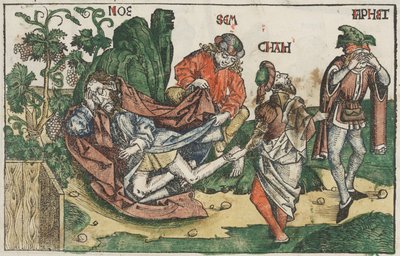 Noahs fylleri, ca 1483-95 (handkolorerat träsnitt) av Unknown artist