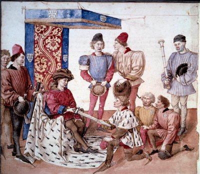 Hertigen av Bretagne presenterar sitt svärd till vapenkonungarna Miniatyr hämtad från "" The book of tournaments of King Rene of Anjou (René I of Neapel) (1409-1480)" 1460 runt Paris, B.N. av Unknown artist
