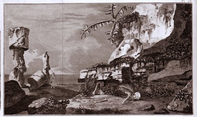 Påskön (Rapa Nui) i Polynesien efter "Viaggi del Capitano Cook", gravyr från 1800-talet. av Unknown artist