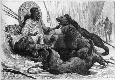 Kejsaren (ras) Theodoros av Abessinien omger sina lejon. I "Nature" från 1888. av Unknown artist