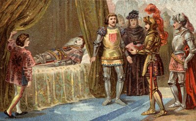 Den engelske guvernören i Chateauneuf de Randon (Chateauneuf-de-Randon, Auvergne) kapitulerade och kom att lägga nycklarna till torget på Bertrand du Guesclins dödsbädd, den 13 juli 1380, framför vilken staden belägrade. Connectable dog, accord av Unknown artist