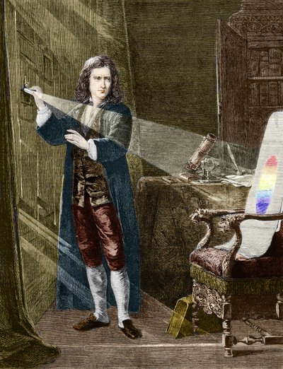 Den engelske fysikern Isaac Newton (1642-1727) sönderdelar ljus med ett prisma av glas. Gravyr från 1880. av Unknown artist