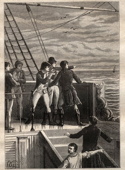 Expeditionen till de södra länderna (1800-1803) av Nicolas Baudin (1754-1803): sjömän utanför New Holland (Australien) rapporterar en slöja vid horisonten - illustration hämtad från "The Great Mariners of the 18th century" av Unknown artist