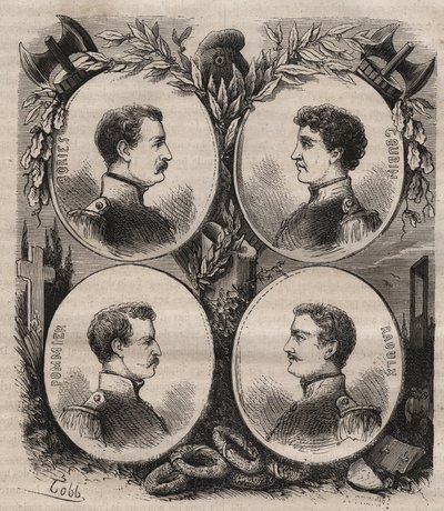 De fyra sergenterna (Jean Francois Bories (1795-1822), Jean Joseph Pommier (1796-1822), Marius Claude Raoulx (1797-1822)) och Charles Goubin (1798-1822) från La Rochelle anklagade under restaurationen för att vilja störta monarkin och giljotinerna 1822 av Unknown artist