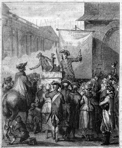 Den franska charlatanen på 1700-talet. Gravyr i "" Le XVIIIème siècle: seder, bruk och kostymer"" av Paul Lacroix. av Unknown artist