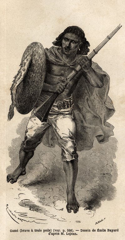 The Game, eller modig har tre hårstrån, abessinisk pistolsoldat. Gravyr för att illustrera resan till Abessinien, 1862 av Guillaume Lejean, i "Le tour du monde, nouveau journal des voyages"" publicerad under ledning av Edouard Charton av Unknown artist