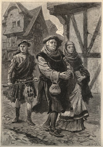 The Gartier (The Glover) som följer med sin dotter till kyrkan - 1800-talsillustration till den historiska romanen "The Pretty Girl of Perth or Valentine