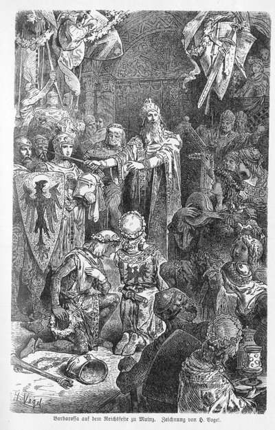 Den store kejsaren Fredrik Barbarossa håller sitt hov i Mainz - Frederic I av Hohenstaufen, dit Frederic Barberousse (1122-1190) mottog i Mainz korset av evequen Gerard av Würzburg - Gravyr i "" Kaiser, Konig une Papst" av Richard Roth av Unknown artist