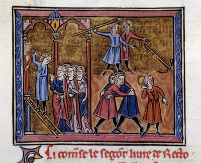 Den grekiske konstnären Zeuxis (400-talet f.Kr.) skulpterar en staty av Juno framför unga män som leker och kämpar Miniatyr från manuskriptet "Retorik" av Marcus Tullius Ciceron (106-43 f.Kr.) översatt av Johannes av Antiokia av Unknown artist