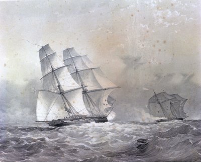 HMS Acorn brigantine med 16 kanoner som jagar Negrier Gabriel av Unknown artist
