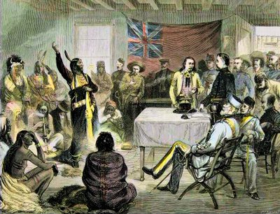 Det indiska kriget i USA - "" Sitting Bull"-rådet med Sitting Bull och Buffalo Bill i Fort Walsh, brittiskt territorium, oktober 1877 - Sitting Bull and Buffalo Bill: Sitting Bull Council i Fort Walsh, British Territory, under kriget med av Unknown artist