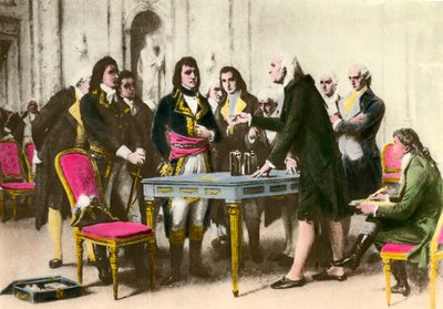 Den italienske fysikern Alessandro (Alexandre) Volta (1745-1827) presenterar sin hög för Napoleon Bonaparte. 1801 Privat samling av Unknown artist