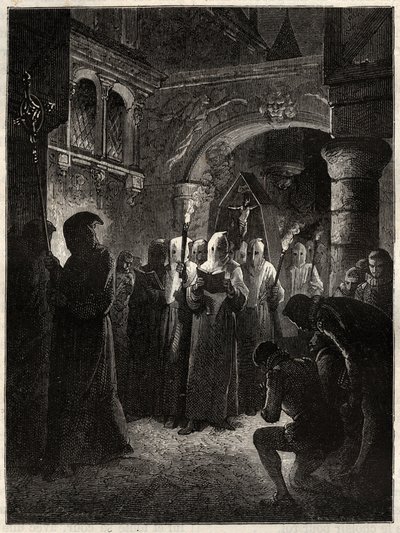 Kungen av Frankrike Henrik III (1551-1589) i vit botfärdig kostym”” Procession av Confrerie instiftad av kungen 23/03/1585 (Kung av Frankrike Henrik III i vit botfärdig procession) av Unknown artist