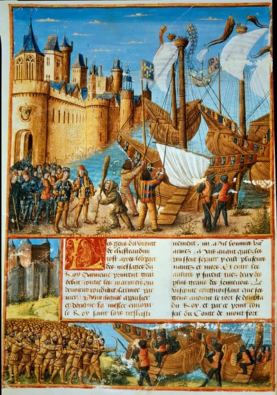Kungen av Frankrike Ludvig IX (Saint Louis) (1214-1270) ger sig ut på det sjunde korståget. Miniatyren hämtad från "De passager som fransmännen gjorde Outremer mot turkarna och andra saracener och Moures Outremarine" av Sebastien Mamerot av Unknown artist