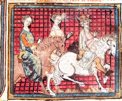 Kungen av francen Chilperic I (543-597) och Fredegonde en hästminiatyr från "" Grandes Chronicles de France"" 1375-1379 Stadsbibliotek, Castres av Unknown artist