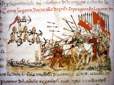 Riddarna av Pisa vann mot infanteriet i Lucca 1397 - i "" Croniche del Sercambi"", omkring 1400. Nationalarkivet, Lucca. av Unknown artist