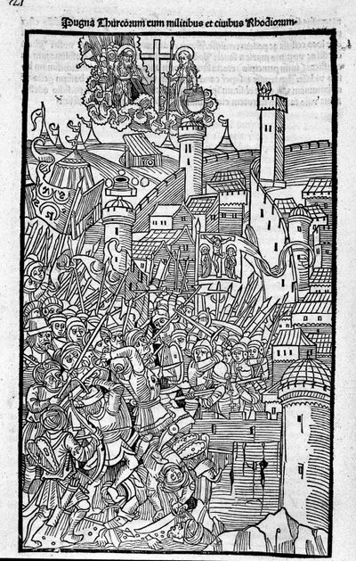 Riddarna av Rhodos (sjukhusorden av St. Johannes av Jerusalem) attackerar Rhode Island i "" Rhodiorum Historia"" av Guilelmus Caorsin, Ulmae, Joh. Reger 24 oktober av Unknown artist