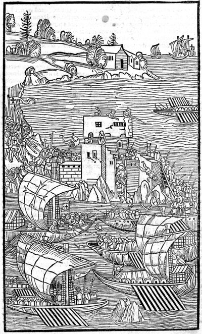 Riddarna av Rhodos (sjukhusorden av St. Johannes av Jerusalem) attackerar Rhode Island i "" Rhodiorum History"" av Guilelmus Caorsin, Ulmae, Joh. Regeringen oktober av Unknown artist