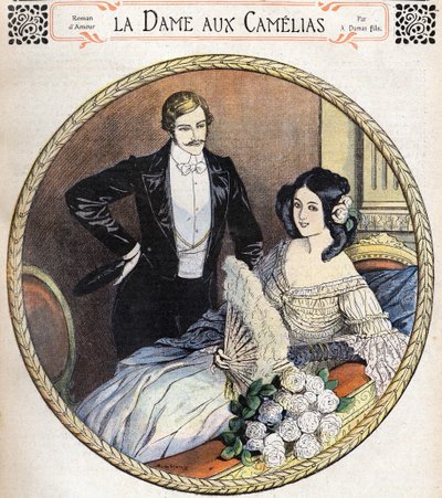 The Lady of the Camelias av Alexandre Dumas Jr., en illustration i slutet av 1800-talet efter journalen för romaner. av Unknown artist