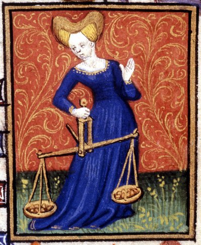 Vågen. Miniatyr av ett horoskop. 1400-talsmanuskript. Bibl. Trivulziana, Milano. av Unknown artist