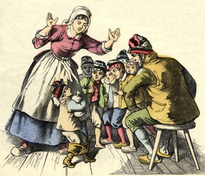 Lilla Poulet och hans bröder åker hem till sina föräldrar. Illustration av berättelsen "" Le Petit Poucet"" av Charles Perrault av Unknown artist