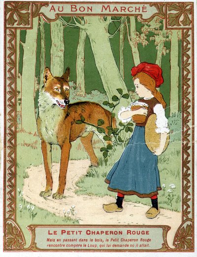Rödluvan möter vargen - Bon Marché reklametikett av Unknown artist