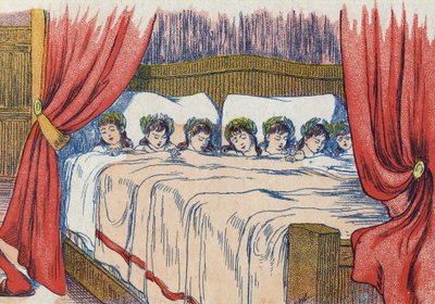 Den lilla tummen och hans bröder sover, kronan i hans huvud. Illustration till "" Le Pepetit poucet", berättelse av Charles Perrault (1628-1703), fransk författare. Anonym illustration. Bildspråk Marcel Vagne, Jarville Nancy, odaterad (slutet av 1800-talet av Unknown artist