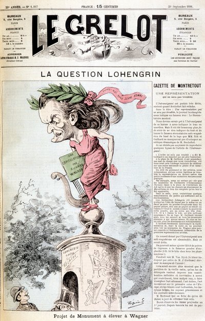 Lohengrin-frågan: Monumentprojekt som ska resas i Wagner - i "" Le Grelot"" av 1891-09-20 av Unknown artist
