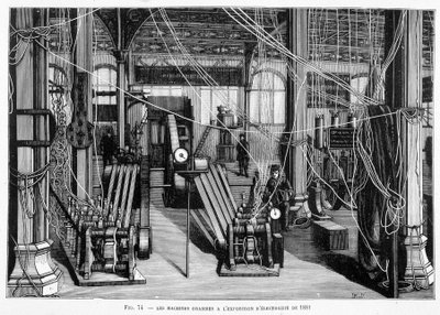 Machine Grams på 1881 års elutställning - i "" The New Conquests of Science"" av Louis Figuier. av Unknown artist