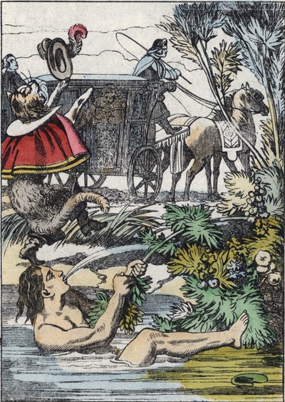 Markisen de Carabas låtsas drunkna medan stövelkatten ropar på hjälp. Illustration av berättelsen "The cat botte" av Charles Perrault av Unknown artist